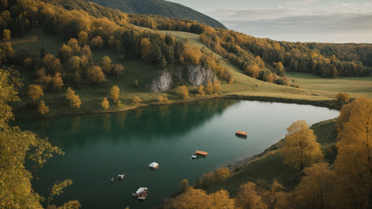 ein grüner see mit mehreen booten darauf ist in einer bergigen landschaft