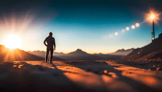 ein mensch steht in einer wuestigen roten landschaft mit sonnenuntergang