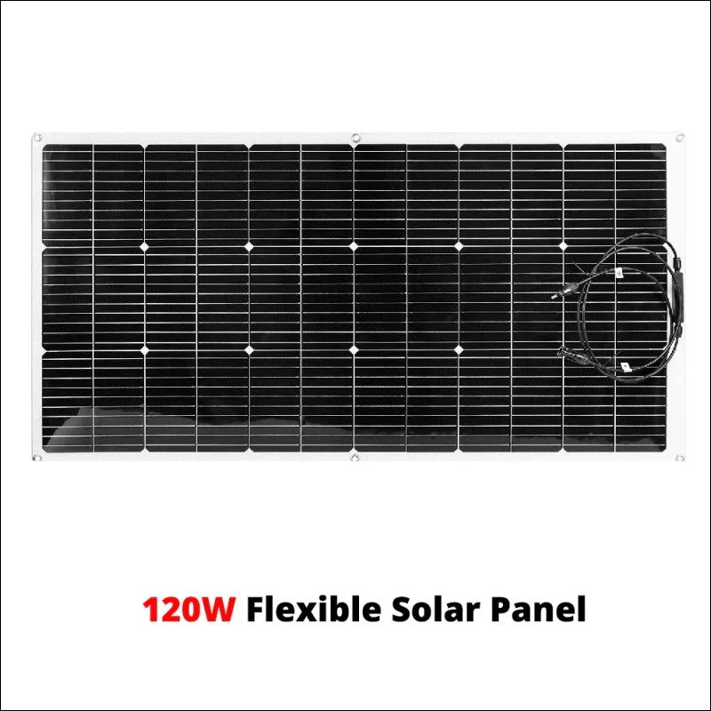 Flexibles solarmodul mit einer leistung von 120 watt mit sichtbaren photovoltaikzellen und anschlussdrähten.