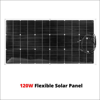 Flexibles solarmodul mit einer leistung von 120 watt mit sichtbaren photovoltaikzellen und anschlussdrähten.