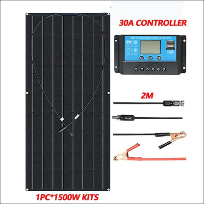 Flexibler solarmodulsatz mit laderegler und anschlusskabeln.