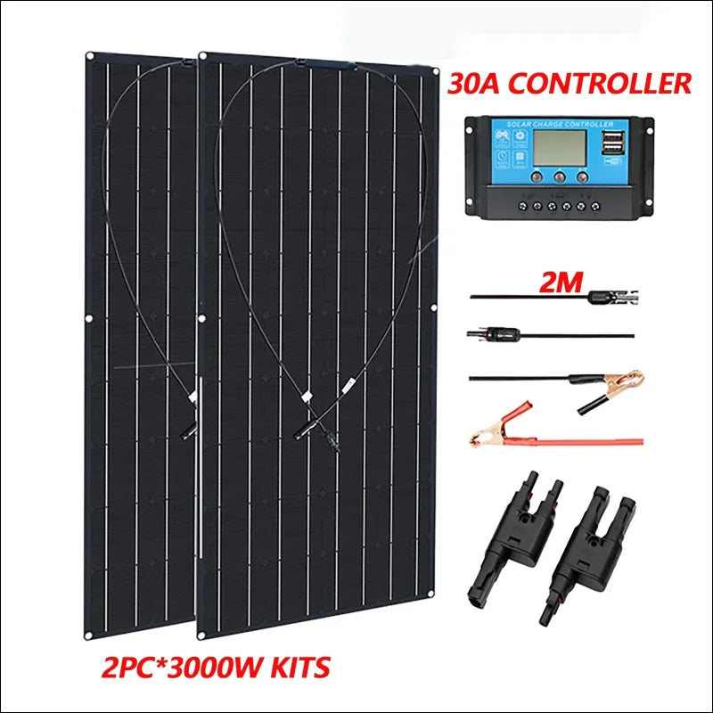 Solarmodul-kit mit zwei schwarzen modulen, einem laderegler und verschiedenen anschlusskabeln und zubehör.