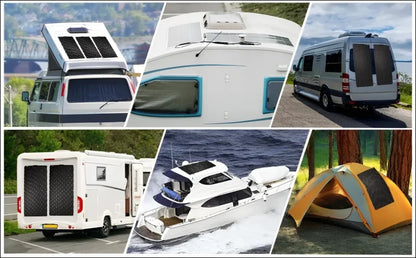 Collage mit verschiedenen freizeitfahrzeugen und unterkünften im freien, darunter wohnmobile, wohnwagen, eine yacht und ein campingzelt.