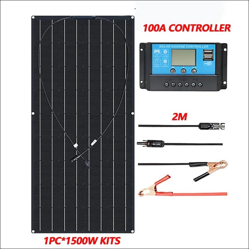 Flexibler solarmodulsatz mit laderegler und anschlusskabeln.