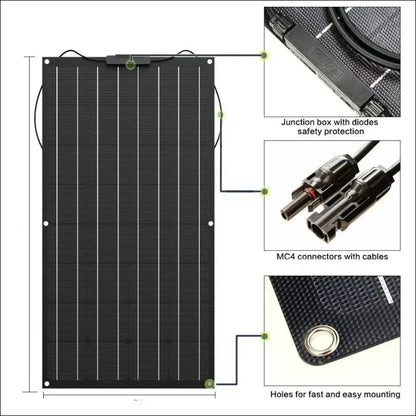 Tragbares solarmodul mit beschrifteten bauteilangaben.