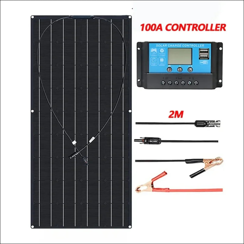 Flexibles solarmodul mit zugehörigem laderegler und anschlusskabeln.