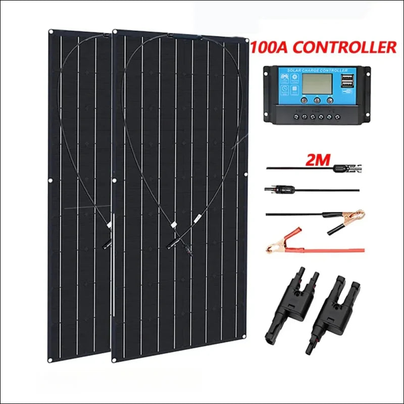 Solarmodulsatz mit regler und anschlusszubehör.