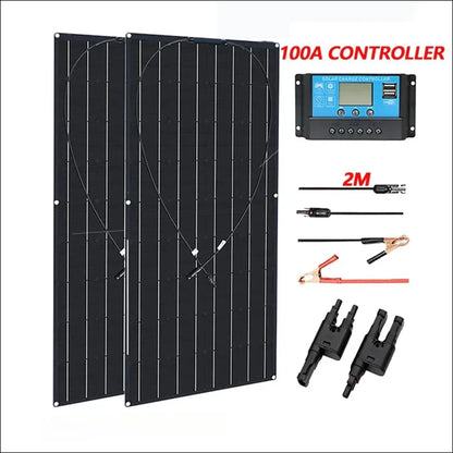 Solarmodulsatz mit regler und anschlusszubehör.