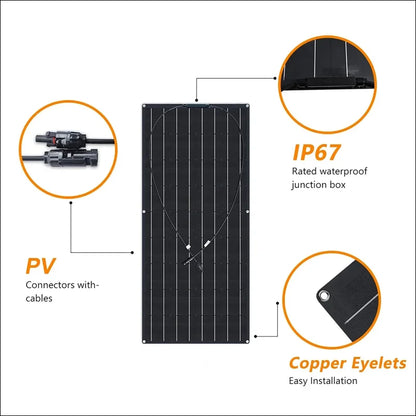 Solarmodul mit hervorgehobenen merkmalen wie steckern, wasserdichter anschlussdose und kupferösen für die installation.