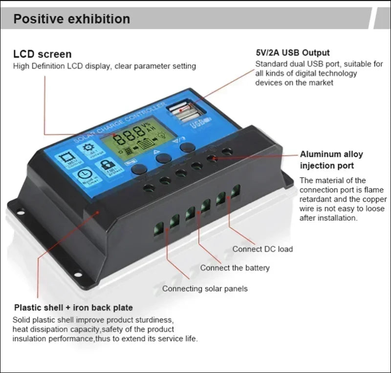 Solarladeregler mit lcd-display und mehreren anschlussmöglichkeiten.