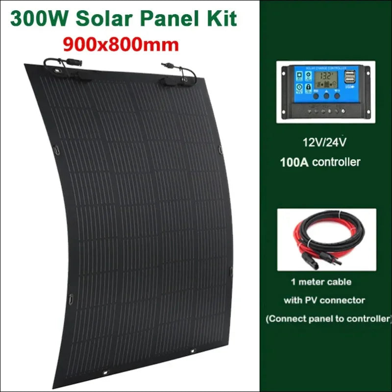 Flexibles schwarzes solarmodul mit den maßen 900x800mm und 300w ausgangsleistung.