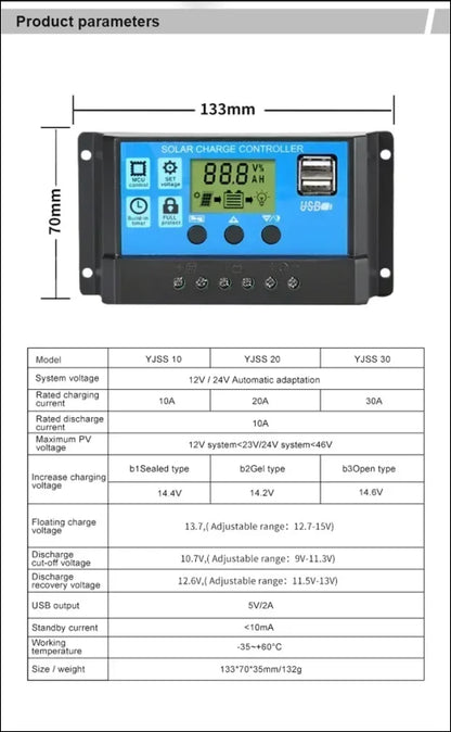 Solarladeregler mit lcd-display und usb-anschlüssen.