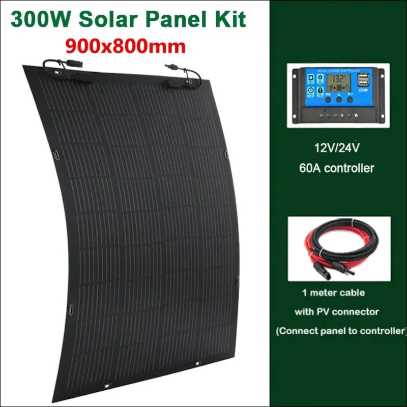 Flexibles 300w solarmodul mit den maßen 900x800mm und schwarzer oberfläche.