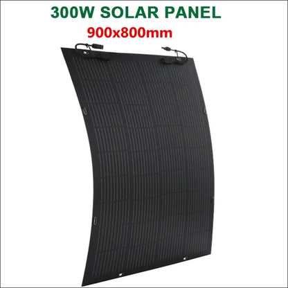 Flexibles schwarzes solarmodul mit einer leistung von 300 w und den maßen 900 x 800 mm.