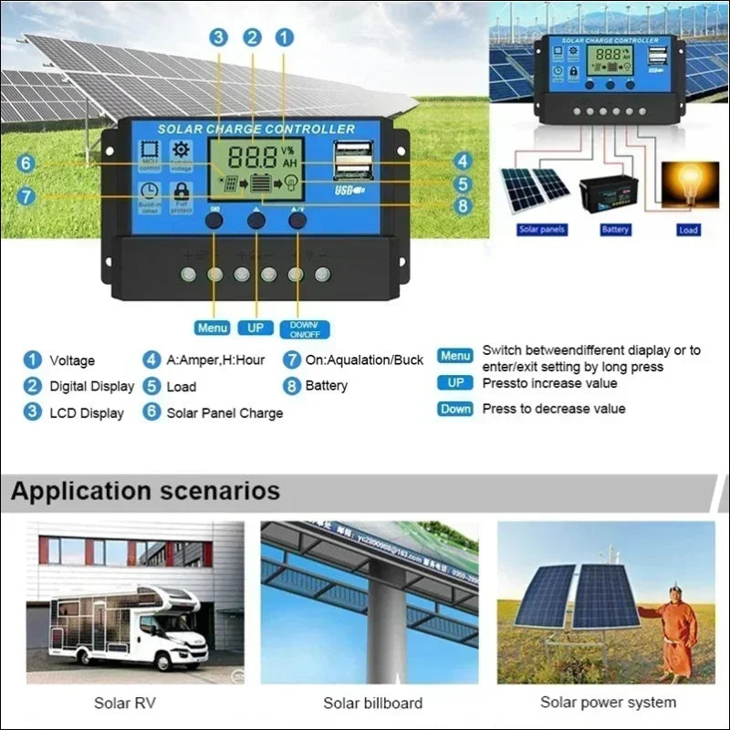 Solarladeregler mit digitaler anzeige und bedientasten zur steuerung von solarmodulsystemen.