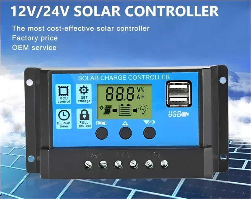 Solarladeregler mit lcd-display und usb-anschluss für 12v/24v-systeme.