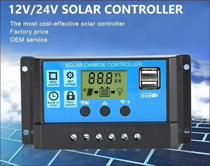 Solarladeregler mit lcd-display und usb-anschluss für 12v/24v-systeme.