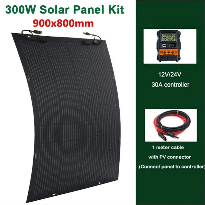 Flexibles schwarzes solarmodul mit den maßen 900x800mm und einer leistung von 300w.