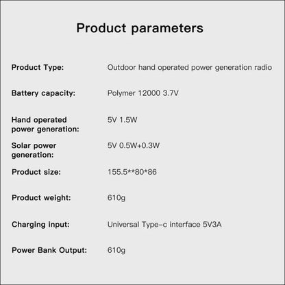 Produktdatenblatt mit den parametern eines handbetriebenen radios zur stromerzeugung im freien.
