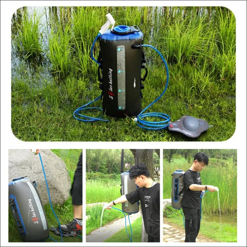 Tragbares wasserfiltersystem mit einem zylindrischen tank und blauen schläuchen.