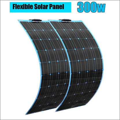 Flexibles solarmodul mit einer leistung von 300 watt, bestehend aus zwei gebogenen schwarzen platten mit blauen rändern.