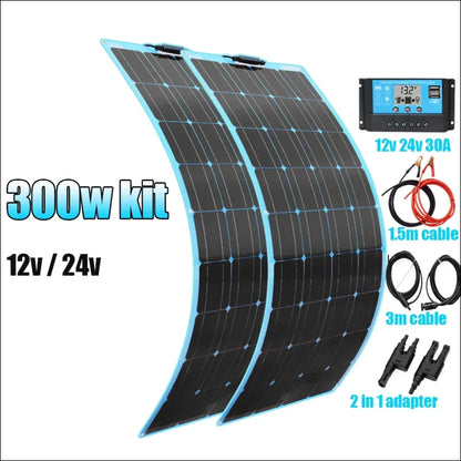 Flexibles solarmodul-kit mit 300 w leistung und dazugehörigem zubehör.