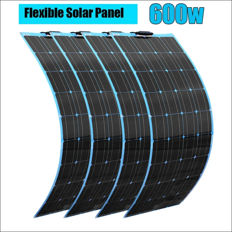 Flexibles solarmodul mit einer leistung von 600 w, gebogenem, biegsamem design und blauen rändern.