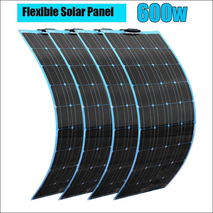 Flexibles solarmodul mit einer leistung von 600 w, gebogenem, biegsamem design und blauen rändern.