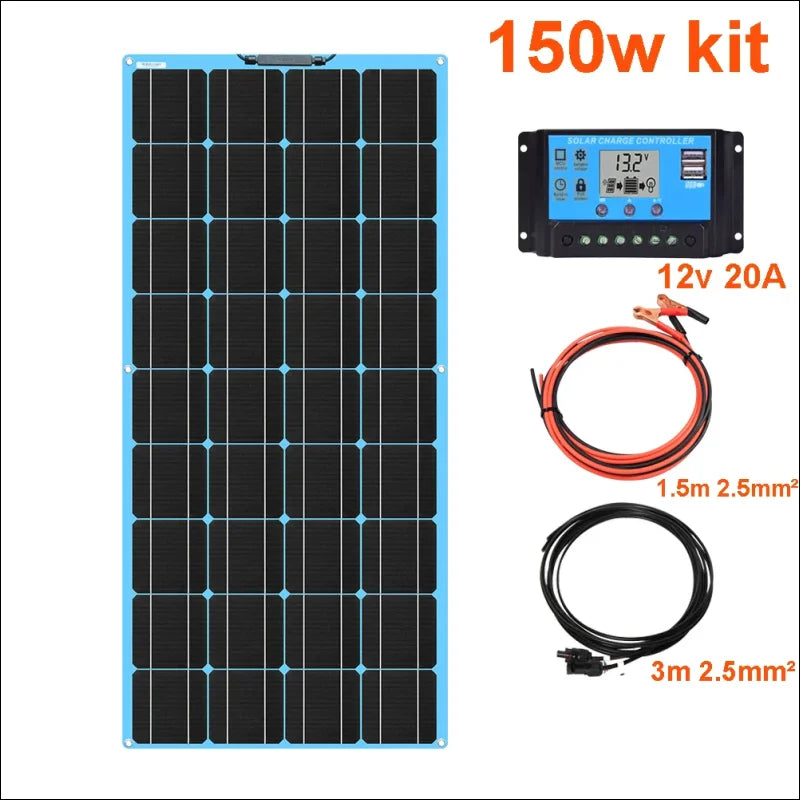 Solarmodul-kit mit 150-w-panel, laderegler und anschlusskabeln.