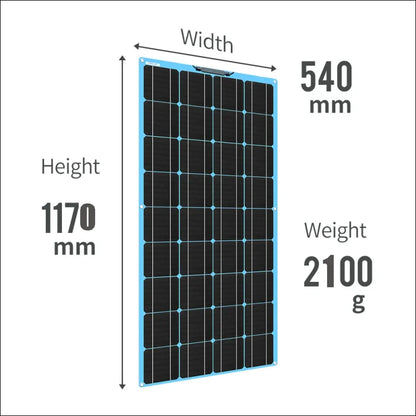 Solarmodul mit angabe der abmessungen und des gewichts.