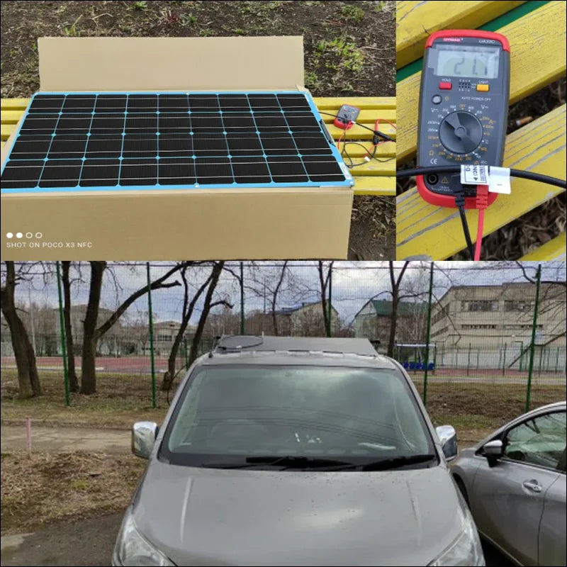 Solarmodul mit angeschlossenem multimeter, das im freien in der nähe eines geparkten fahrzeugs getestet wird.