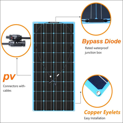 Flexibles solarmodul mit blauem rahmen und beschrifteten komponentendetails.