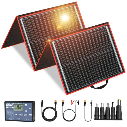 Faltbares solarmodul mit zugehörigem laderegler und anschlusskabeln.