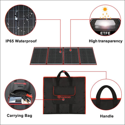 Tragbares solarmodul mit vier faltbaren teilen und einer tragetasche.