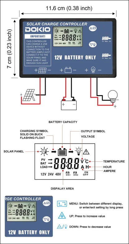 Solarladeregler mit lcd-anzeige und anschlussplan für ein 12v-batteriesystem.