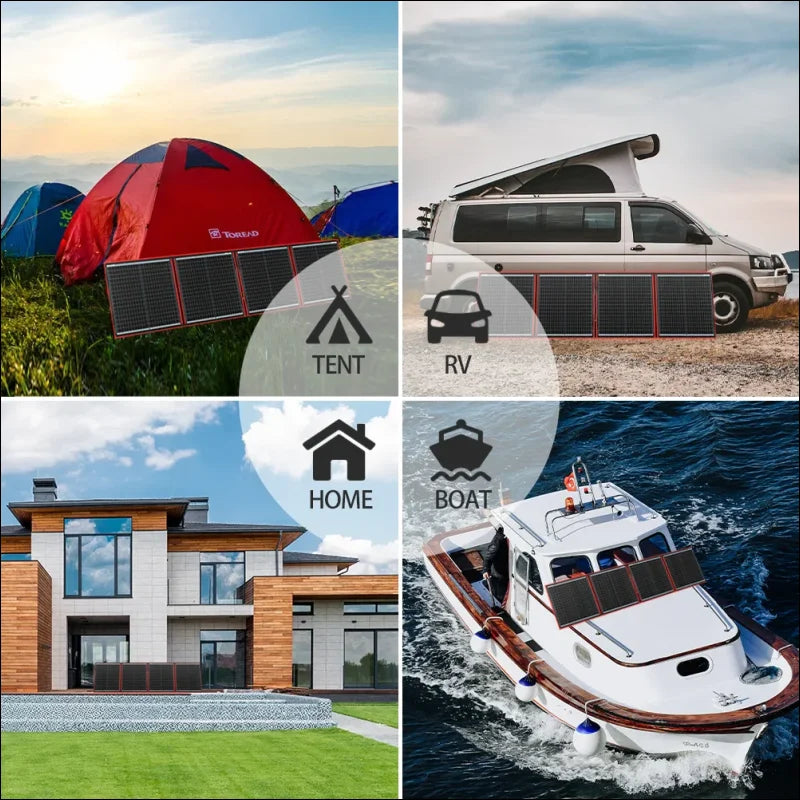 Bild mit vier tafeln, das verschiedene unterkunftsarten zeigt: ein campingzelt, ein wohnmobil, ein modernes haus und ein motorboot.