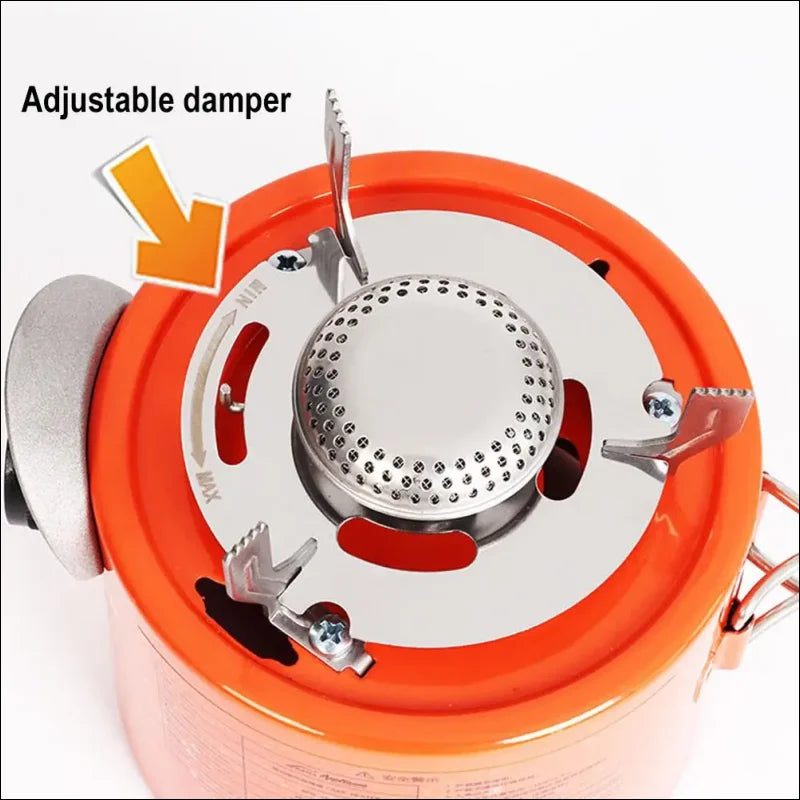 Tragbarer campingkocher-brenner mit verstellbarem dämpfer und perforiertem wärmediffusor.