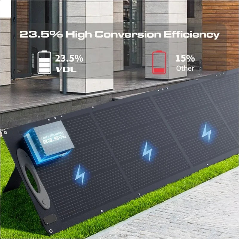 Tragbares solarmodul mit hohem umwandlungswirkungsgrad und angezeigten batteriesymbolen.