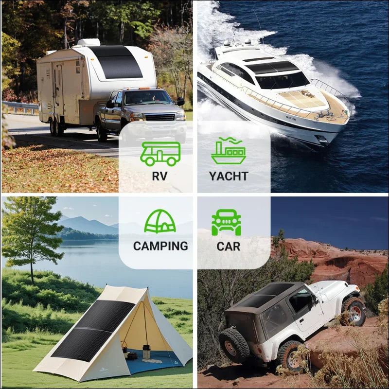 Collage mit RV, Yacht, Zelt und Offroad-Fahrzeug für Solar Panel 220W Nutzung