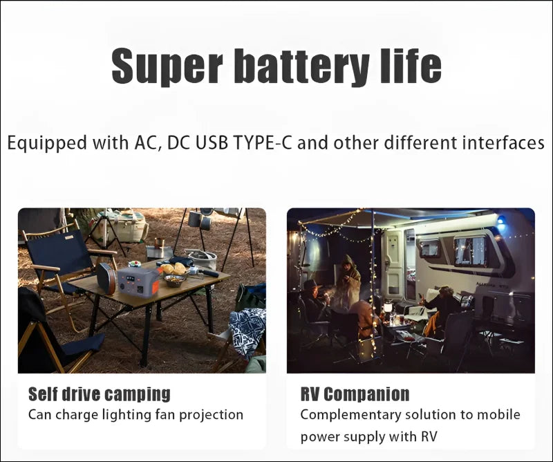 Werbung für eine tragbare stromversorgung mit langer batterielebensdauer, die den einsatz beim camping und im wohnmobil zeigt.