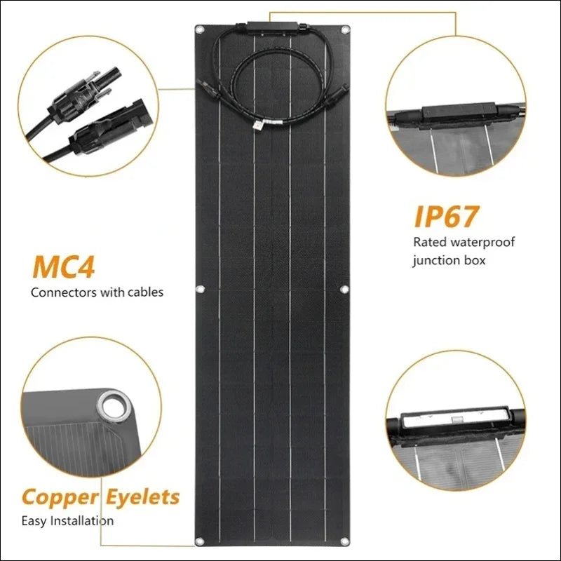 Rechteckiges schwarzes 300W Solarpanel mit MC4 Steckern und wasserdichtem Anschlusskasten für schmale Flächen