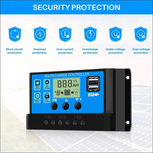 Solarladeregler mit blauem lcd-display und mehreren schutzfunktionen.