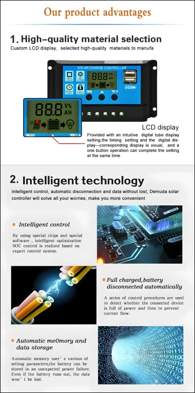 Infografik zu den produktvorteilen, die die auswahl hochwertiger materialien und intelligenter technologien für ein elektronisches gerät mit lcd-display hervorhebt.