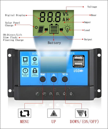 Solarladeregler mit digitaler anzeige und bedientasten zur steuerung der batterieladung von solarmodulen.