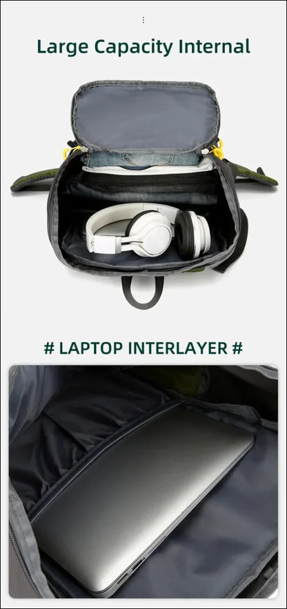 Rucksack mit fächern für laptop und kopfhörer.