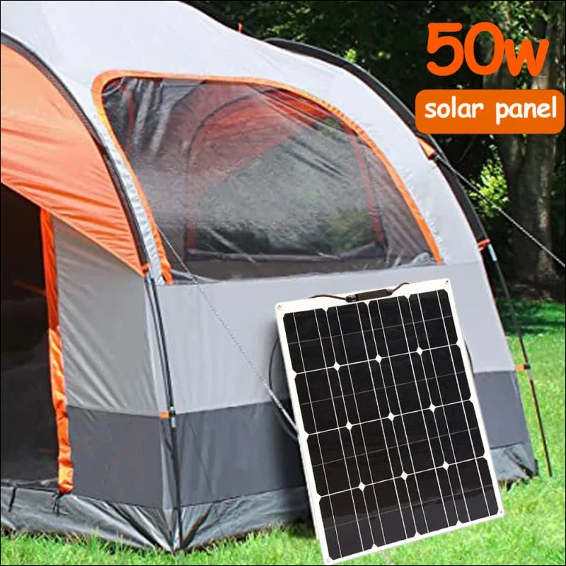 50w solarpanel kit 12v flexibel monokristallin an einem zelt, ideal für mobile solar-systeme