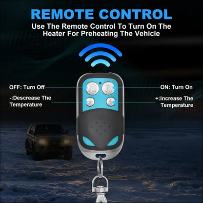 Fernbedienungsgerät zum vorheizen eines fahrzeugs, mit tasten zum ein- und ausschalten und zur temperatureinstellung.