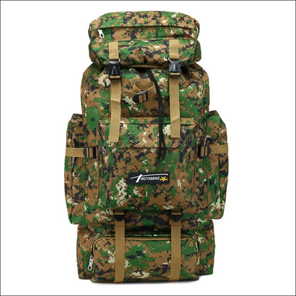 Tarnfarbener rucksack im militärstil mit mehreren fächern und riemen.