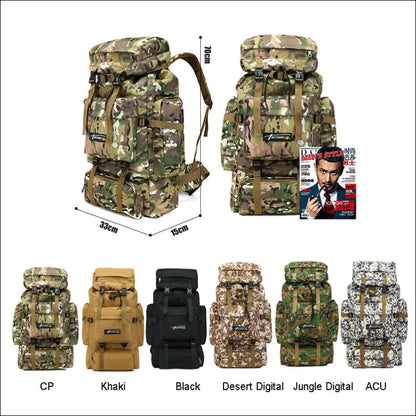 Taktischer rucksack im militärstil mit mehreren tarnmusteroptionen.