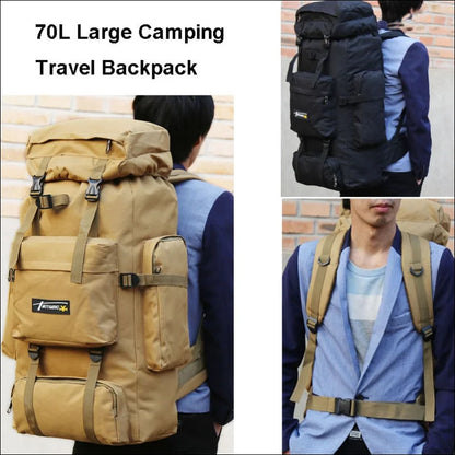 70l camping-reiserucksack in den farben beige und schwarz abgebildet.